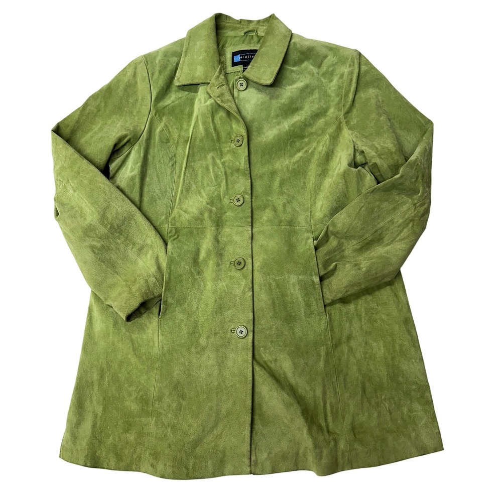 Relativity Genuine Leather Jacket Green Pea Coat Button Suede Finish L Women